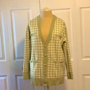 Joie- Cardigan Sweater- M- Pale Green Check Design- Gold Buttons
